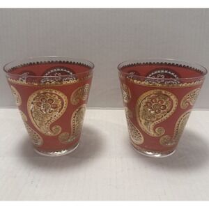 Vintage Culver LTD Old Fashioned Glasses Paisley Red 22K Gold MCM Barware Set 2